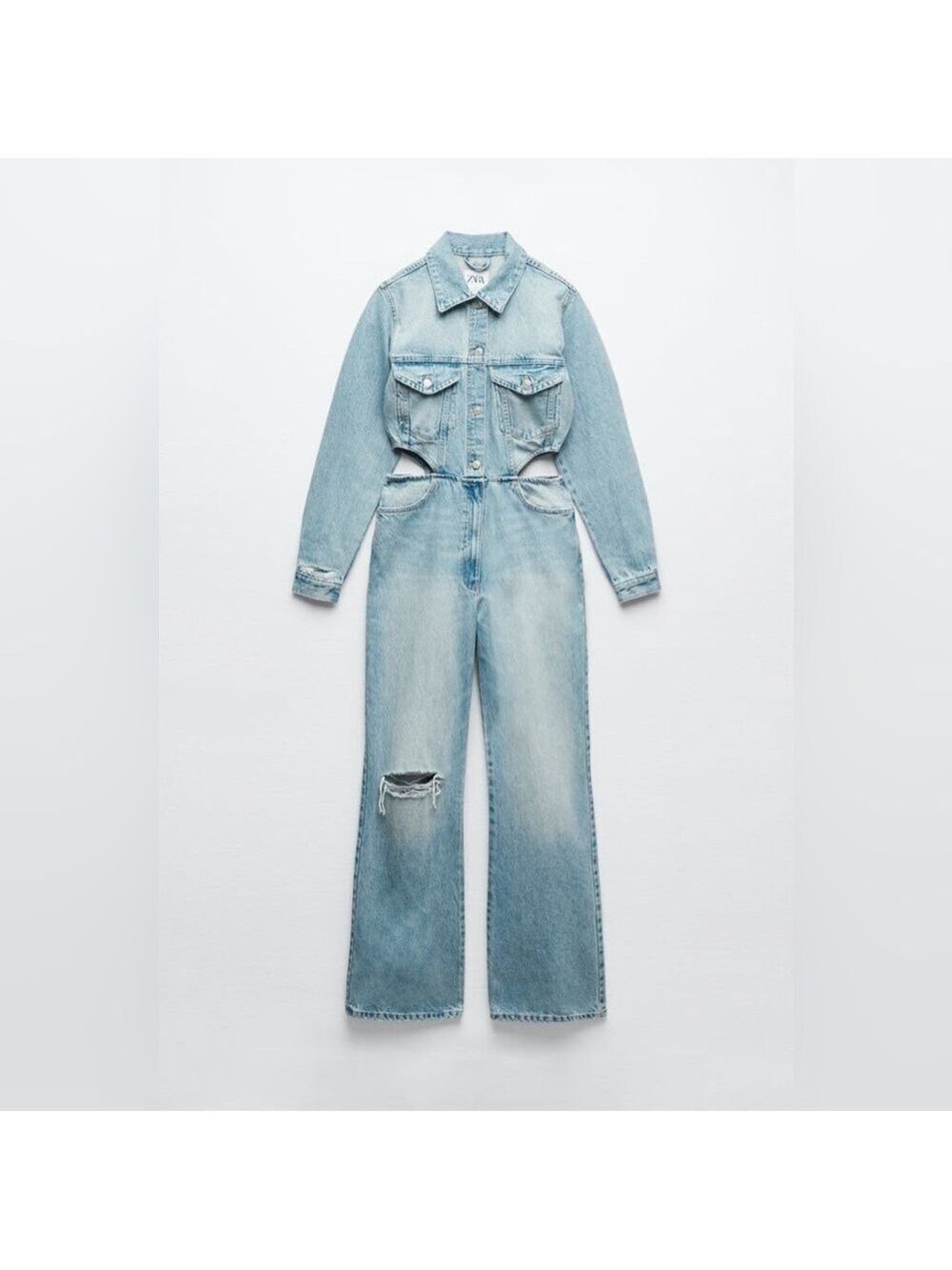 BLOGGERS FAV ZARA LIMITED EDITION CUT OUT SIDE DISTRESSED DENIM JUMPSUIT Size L